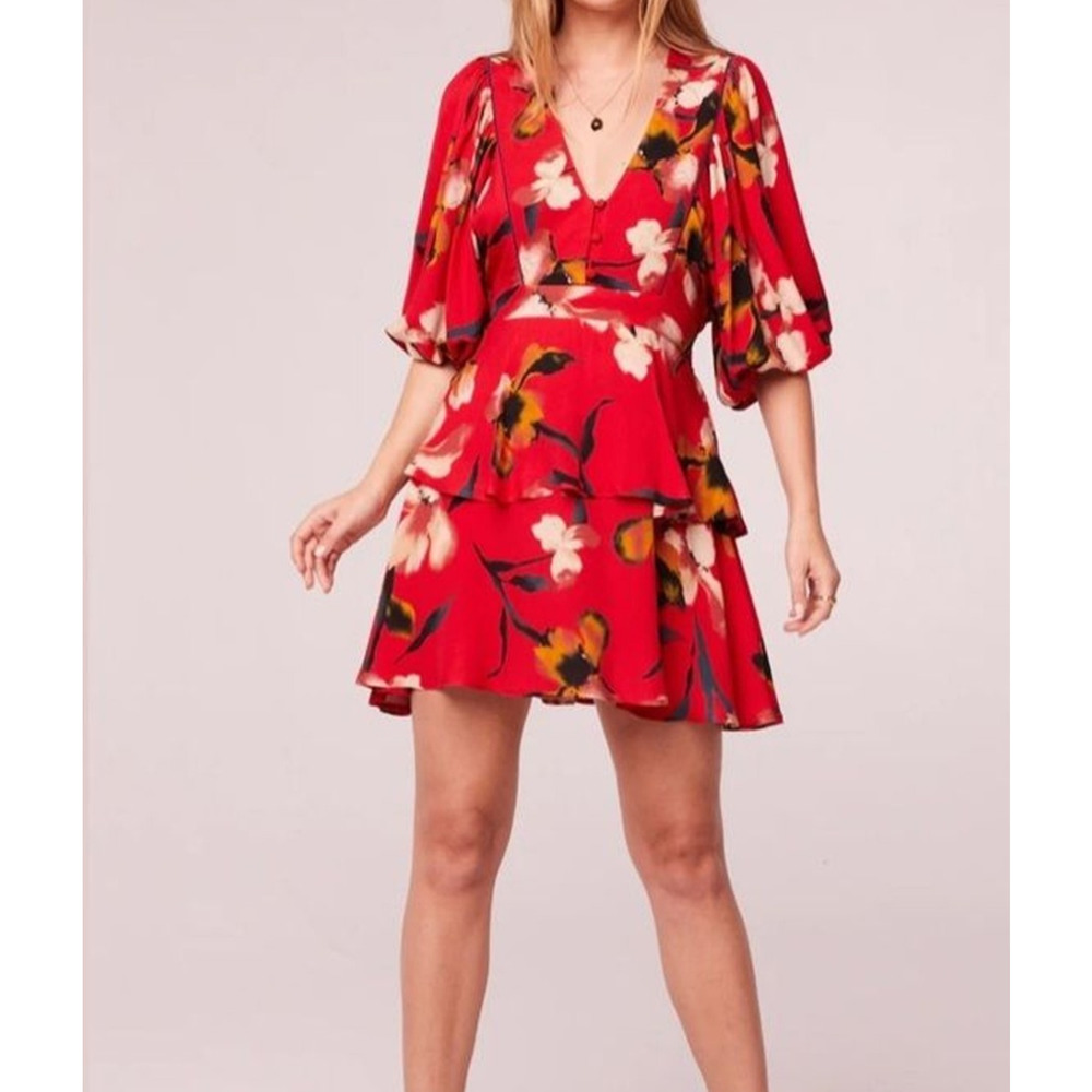 Band of the Free Dolly Red Floral Puff Sleeve Mini Dress Women's SZ Medium NWT‎